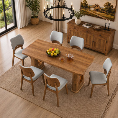 Modern Wood Grain Dining Table Set for 6, 64.5" Rectangular Kitchen Table with Brown Glass Inlay and PU Upholstered Solid Wood Chairs