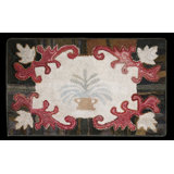 Late 19th Century Antique Ivory American Vase Folk Art Pattern Hooked Rug