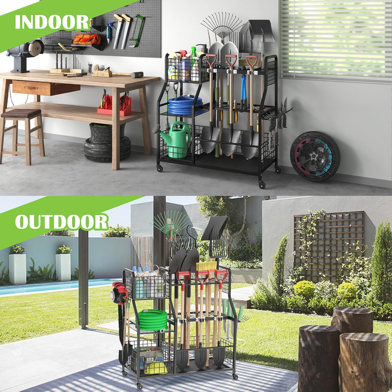 Heavy Duty 3-Tier Garden Tool Organizer With Wheels, Storage Basket, And Multi-Function Design For Garage, Shed, Yard, And Basement