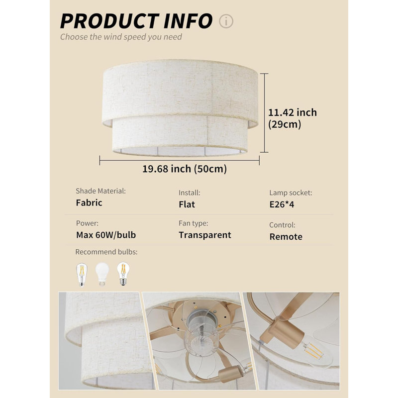Ventilateur de plafond avec lumières encastré, ventilateur de plafond à profil bas Boho 20 po avec télécommande, rotin 6 vitesses pour chambre à coucher, salon, chambre de bébé