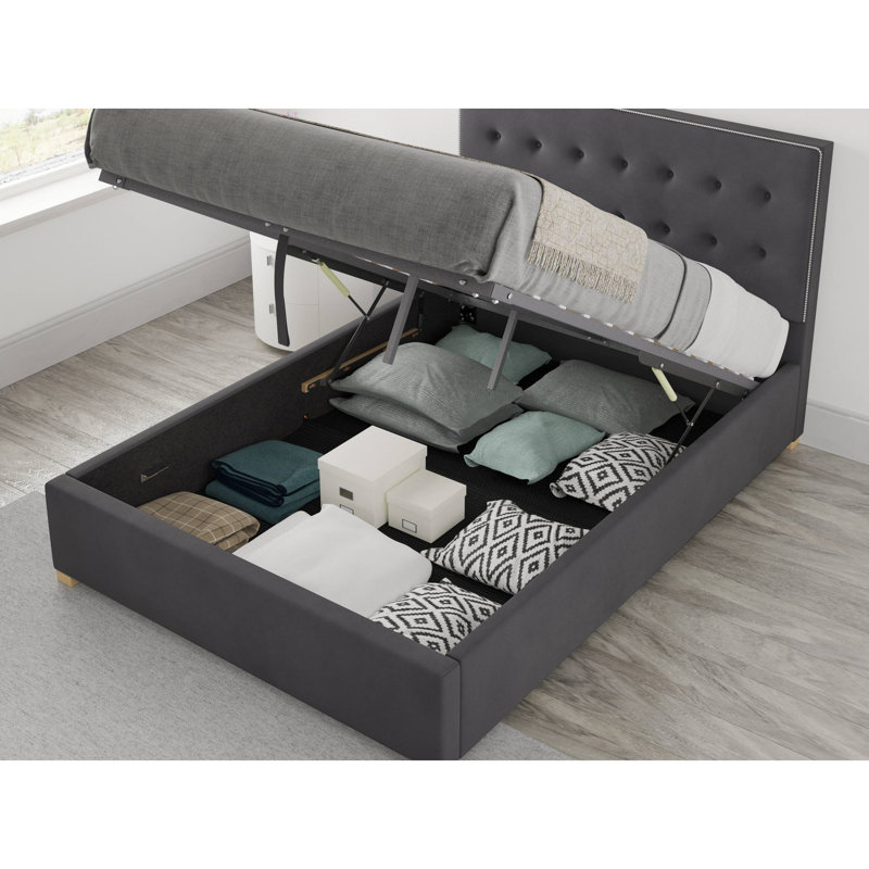 Abarca Upholstered Velvet Lift Up Storage Bed, Kingsize (5'), Steel