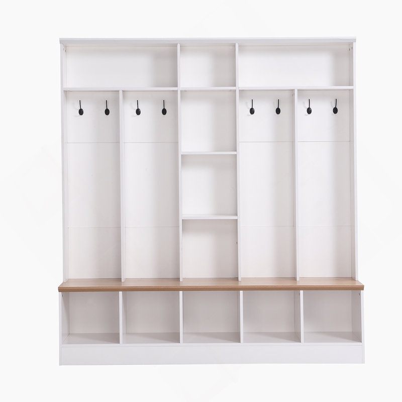Wide Design Hall Tree With Storage Bench, Minimalist Shoe Cabinet With Cube Storage & Shelves, Multifunctional Coat Rack With 8 Hooks For Entryways, Mudroom, White