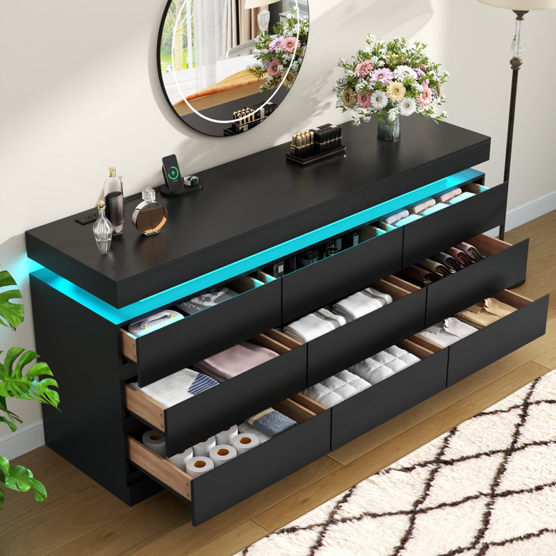 Black 9 Drawers Dresser For Bedroom With Charging Station And LED Lights, Black