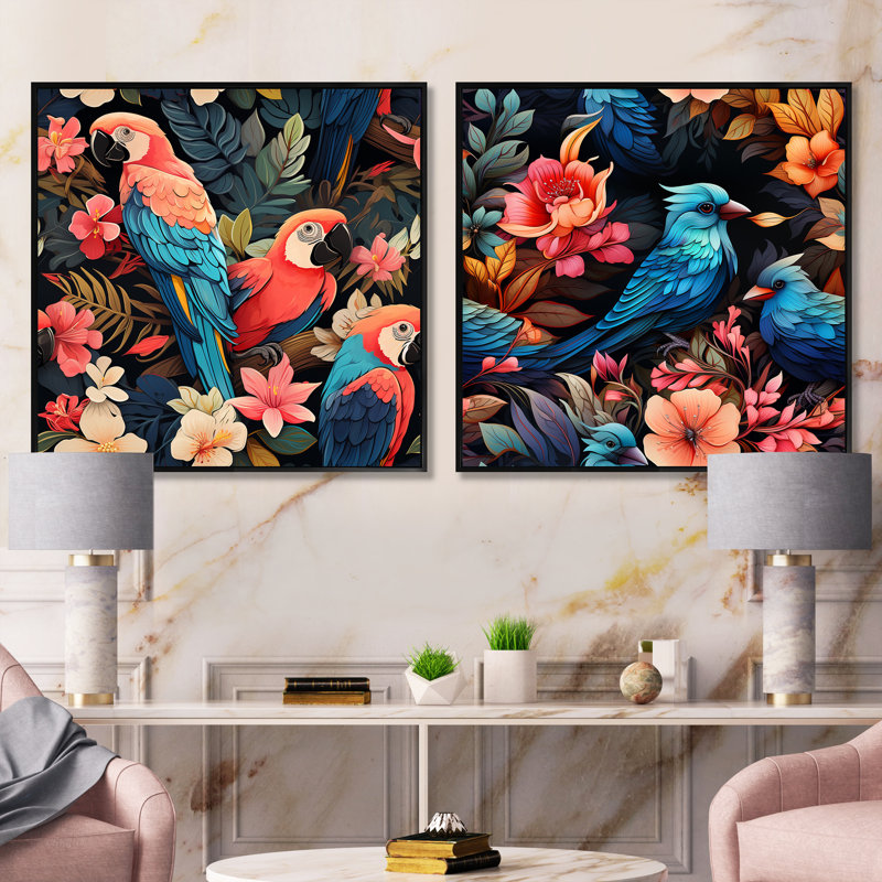 Anselme - Ensemble de 2 collages floraux carrés, Cadre flottant noir, H 16 po x l 33 po