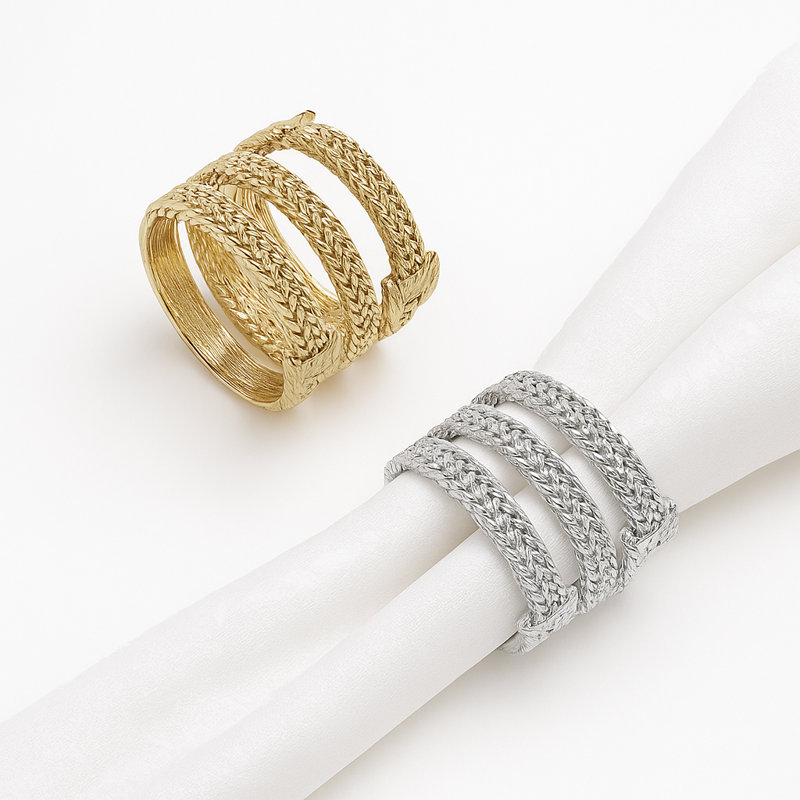 Ensemble de 4 anneaux à serviette en métal avec boucles entrelacées en métal, Silver