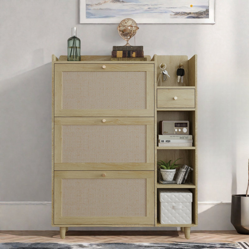 Bohemia Style Shoe Cabinet With 3 Rattan Flip Drawers, 3 Square Shelves And 1 Storage Drawer And Key Hooks, Natural Wood
