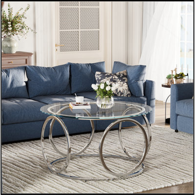 31.5"Modern Round Glass Top Coffee Table with Circular Metal Frame, Contemporary Accent Center Table for Living Room, Office, and Lounge(Ultra-Clear Glass + Chrome Frame)
