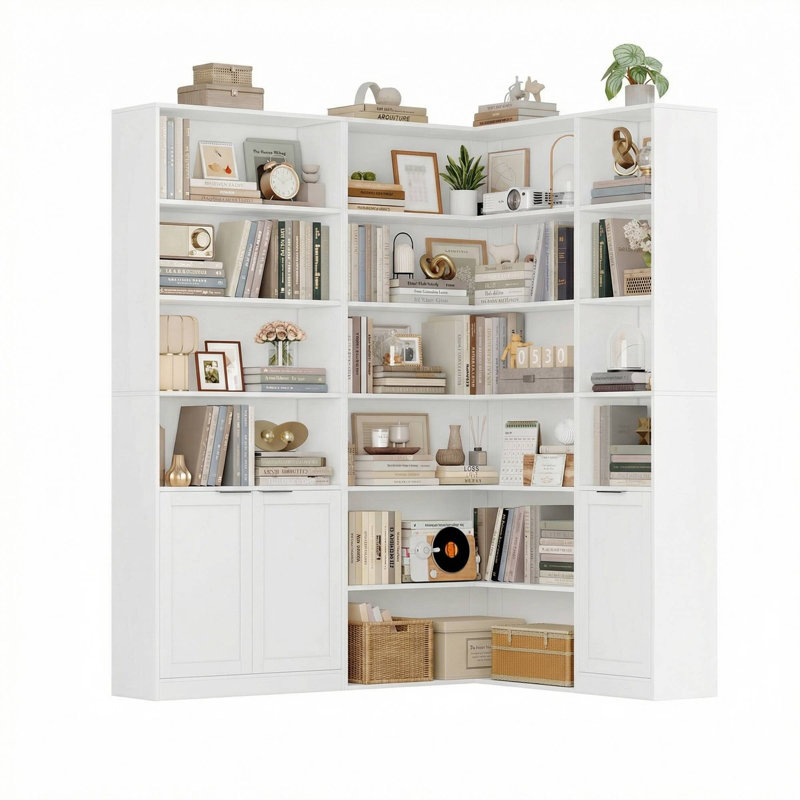 Modular Bookshelf Set: 3-In-1 Customizable Storage Shelf With Doors & Corner Unit, Space-Saving Design, White