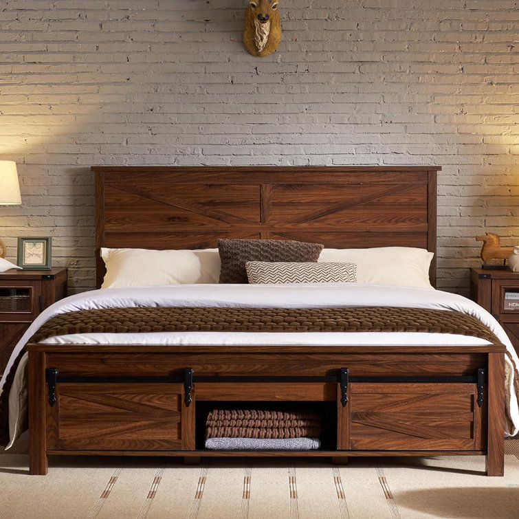 Argana Farmhouse Wood Bed Frame with Sliding Barn Door Storage Cabinets and Headboard