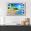 Fenêtre, paysage, ciel bleu ensoleillé, plage tropicale, palmiers côtiers, reproduction d'art sur toile-91357606