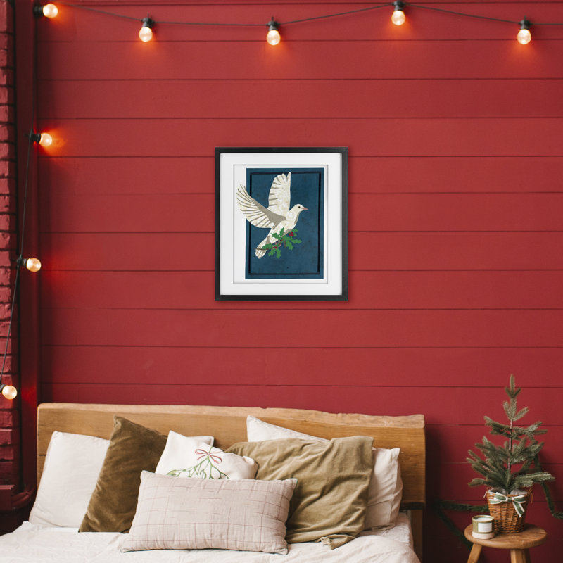 Colombe de Noël avec impression de houx encadrée sous verre, design par Nancy Overton, H 21 po x l 17 po, Cadre noir minuit