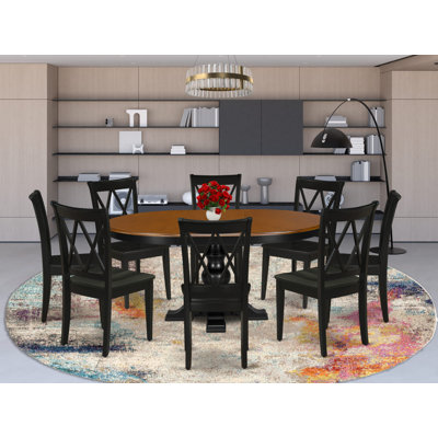 9-Piece Oval Dining Room Set, A Solid Wood Dining Table with Extension Leaf and Pedestal Legs, Cherry Table Top, 8 Wooden Dining Chairs, Double X-Back, Black Finish