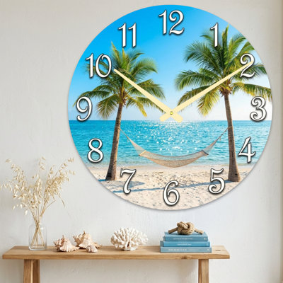 Landscape & Nature Tropical Beach Palm Trees Hammock Ocean Sky Ultra Clear Glass Wall Clock