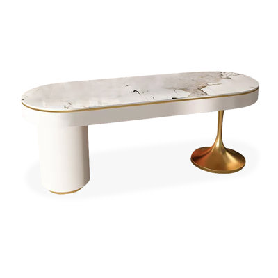 Bureau 70,87 po blanc crème + fritté ovale doré + bois manufacturé + acier au carbone avec bureau à 6 tiroirs