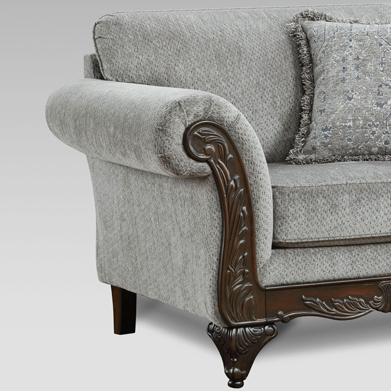 Halima Carved Wood Frame Loveseat, Gray