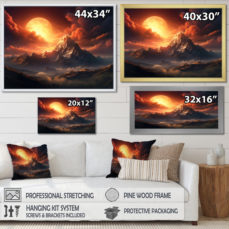 Paysage lunaire de montagne III - Art mural paysages spatiaux, Cadre flottant doré, H 16 po x l 32 po x P 1 po