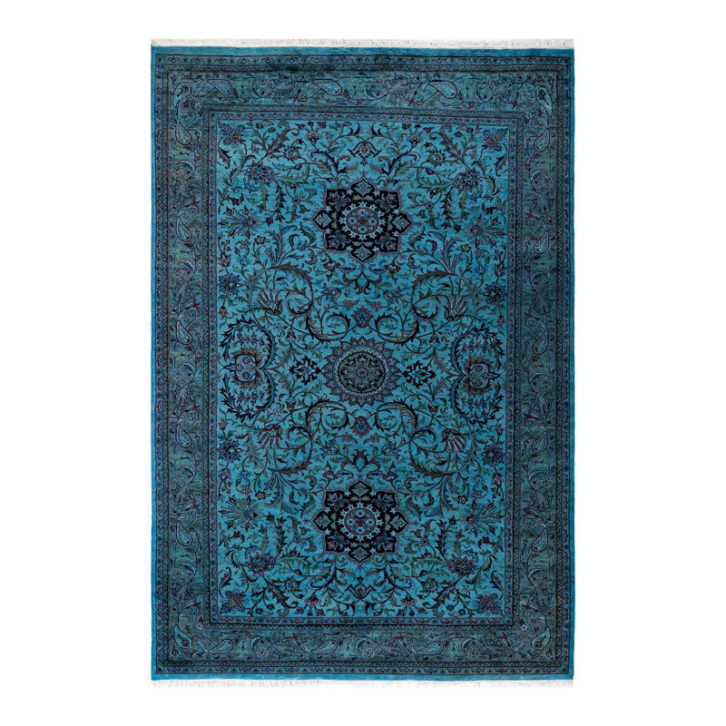 Tapis bleu noué à la main de conception unique Chimel