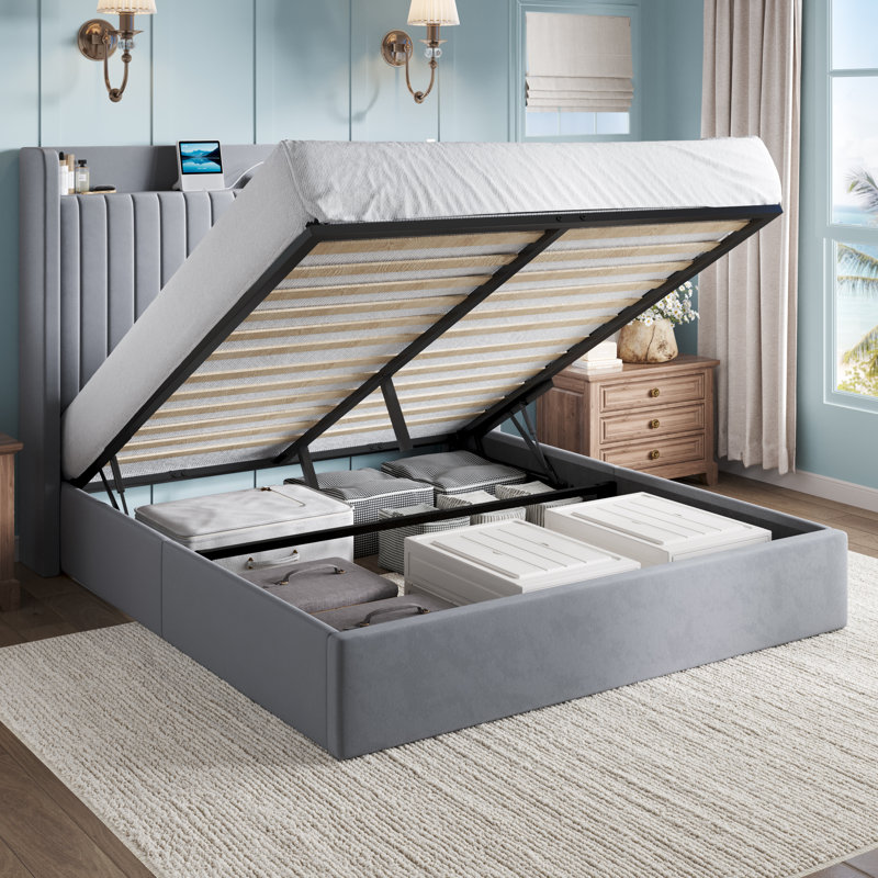 Lit plateforme tapissier hydraulique avec tablette et station de charge, gris, Grand