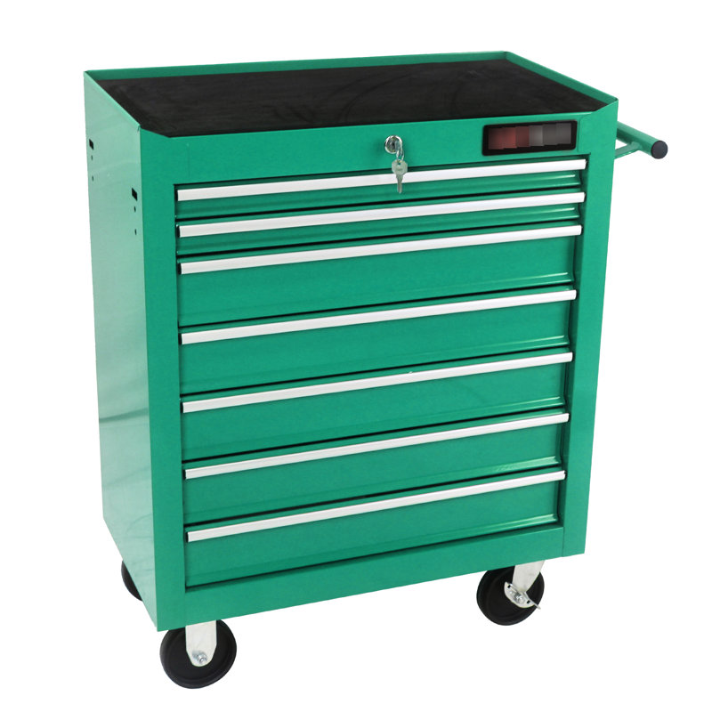 Chariot à outils verrouillable à 7 tiroirs avec roues, glissière à roulement de capacité de 15 kg, cadre en acier laminé à froid, thermolaqué, atelier de 4 po à 2 freins, capacité de glissement, caractéristique importante,