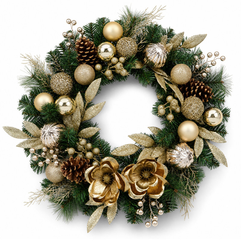 Couronne de Noël pré-illuminée de 61 cm (24 po) avec fleurs de magnolia et ornements électroplaqués, 20 lumières DEL, 8 modes d'éclairage et minuterie