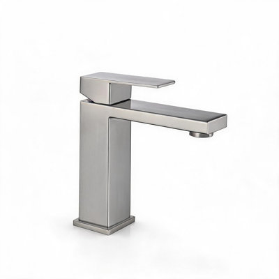 Robinet de lavabo de salle de bain à bec simple en acier inoxydable à finition nickel brossé