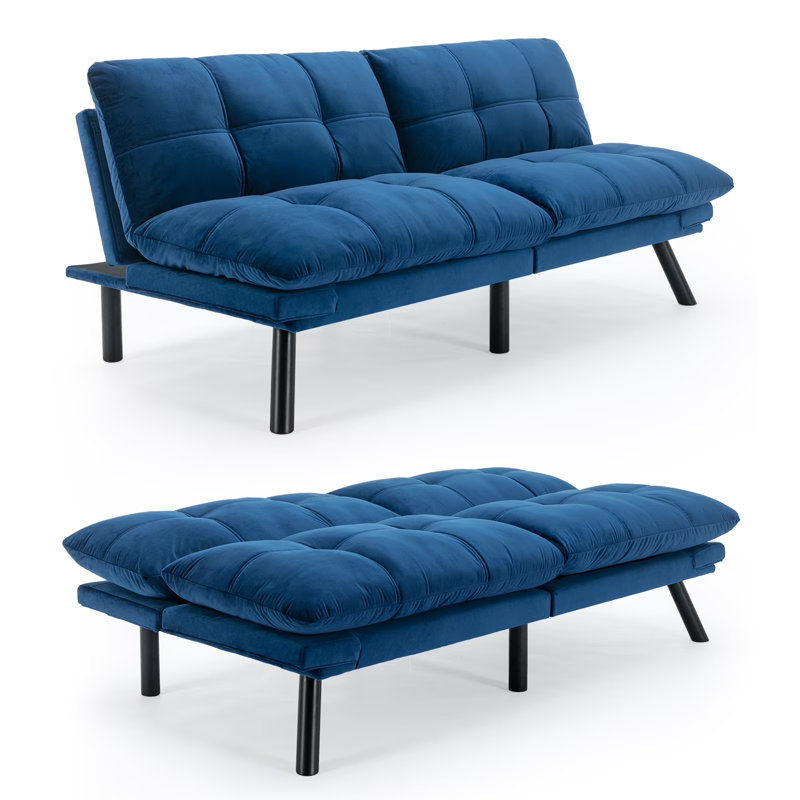 71'' Convertible Folding Modern Sofa Bed with Adjustable Armrest, Navy Blue Velvet, 29.13'' H x 70.87'' W x 38.6'' D
