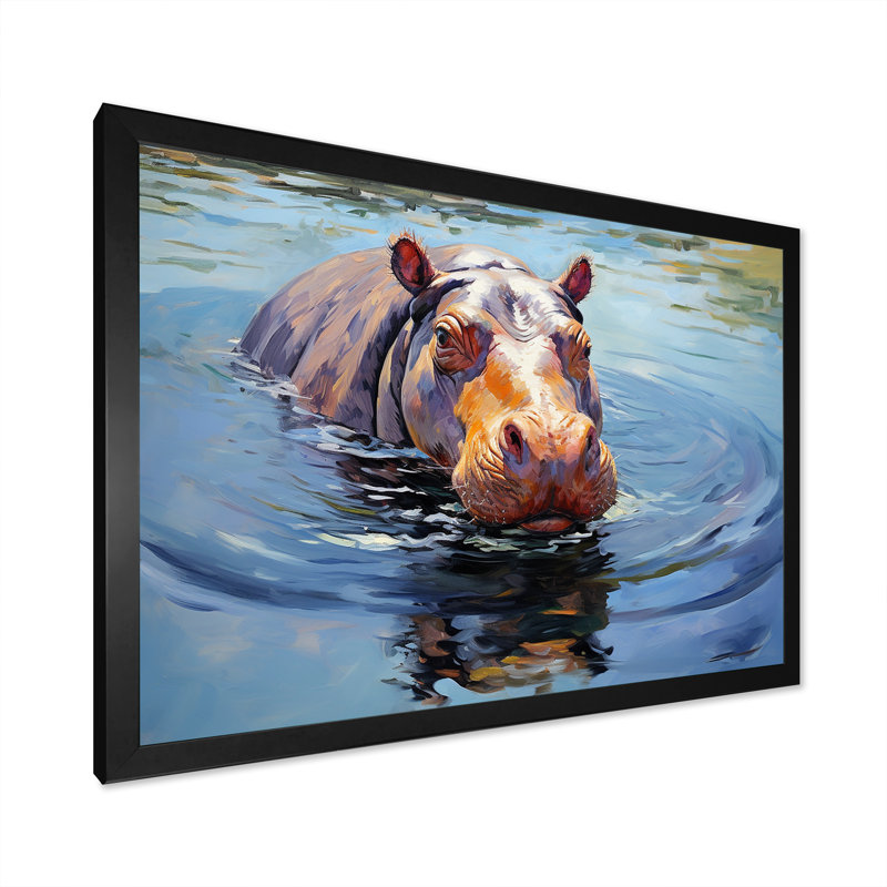 «Curious water hippo - Hippopotamus», art mural, Cadre d'angle fermé noir, H 12 po x l 20 po x P 1 po