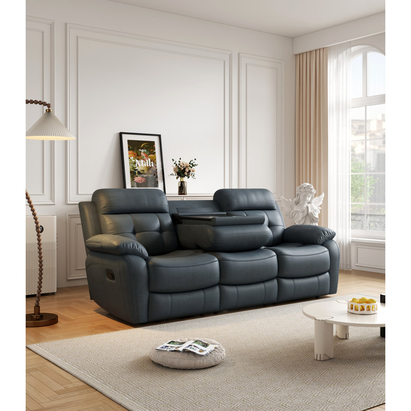 Canapé inclinable en cuir véritable avec table rabattable, porte-gobelets et sac à magazines - Gris