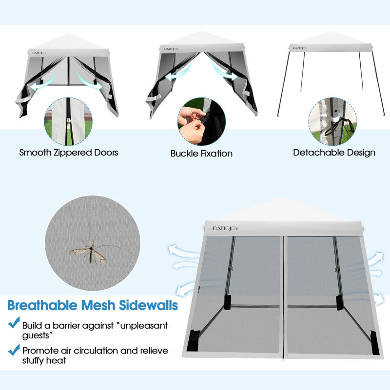 White 10 Ft x 10 Ft Metal Pop-Up Canopy with Mesh Sidewalls