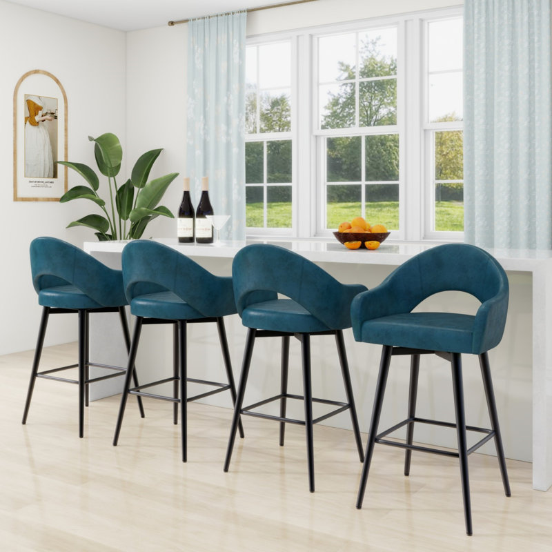 (Set Of 2) 360° Swivel Upholstered Barstools With Back And Metal Legs 26" H Seat Height For Home Bar, Blue