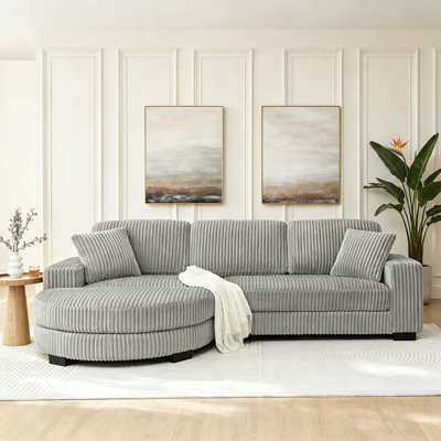 Corduroy Tufted Upholstered Sleeper Sectional Sofa, L-Shaped Modular Convertible Sofa , The arc-shaped footstool can be placed freely on the left and rigAJ-Gray