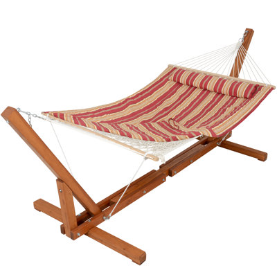 Rope Hammock With 12-14 Foot Adjustable Wooden Hammock Stand And Removable Pad