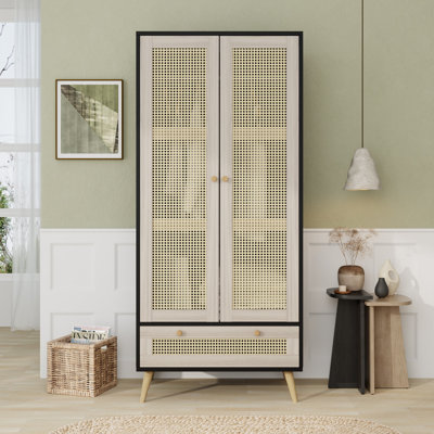 Armoire-penderie de 70,8 po de hauteur avec 2 portes en rotin et 1 tiroir, Boho