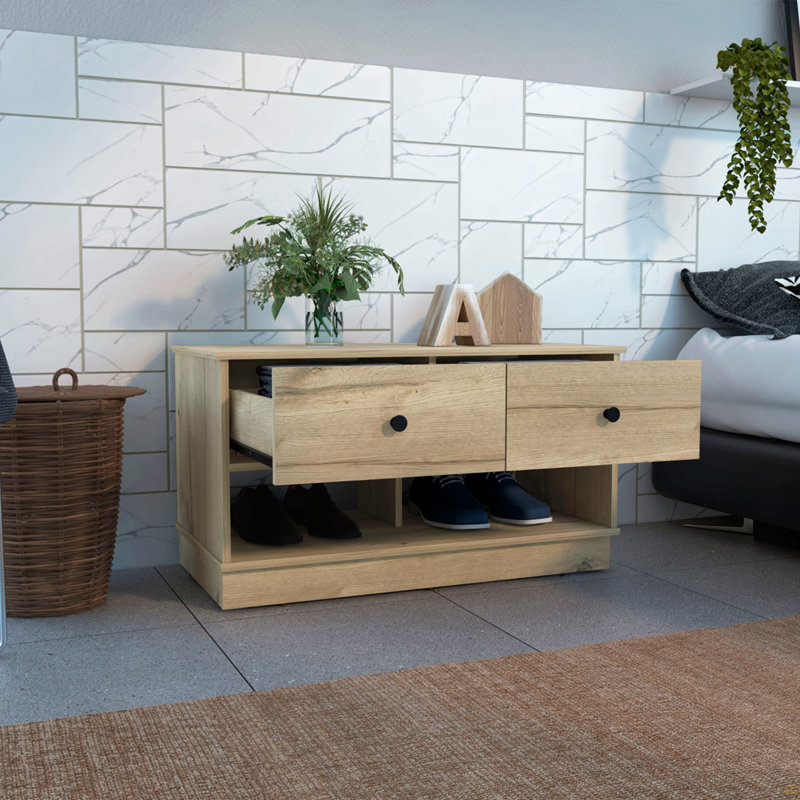 Hamilton Storage Bench, Two Open Shelves, Two Drawers -Light Oak, Beige