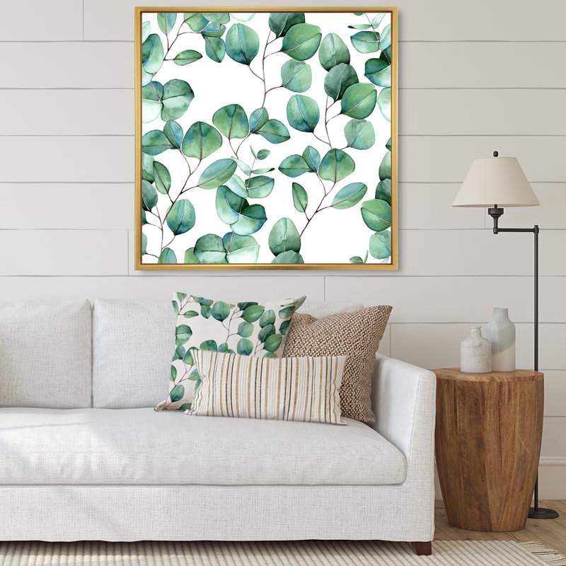 «Eucalyptus Branch On White II», reproduction d'art sur toile tropicale, H 36 po x l 36 po, Cadre flottant doré