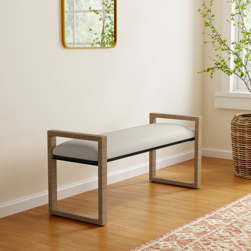 Oatmeal Upholstered Metal Sled Leg Bench with Rattan Frame