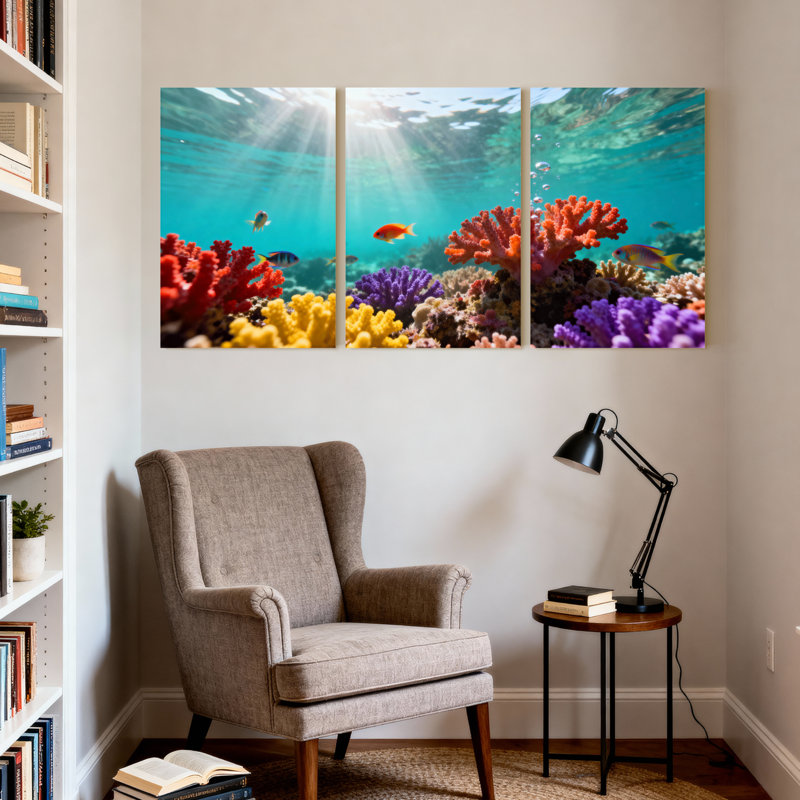 Ensemble de 3 impressions sur toile de corail sous-marin avec poissons et lumière du soleil, H 18 po x l 36 po