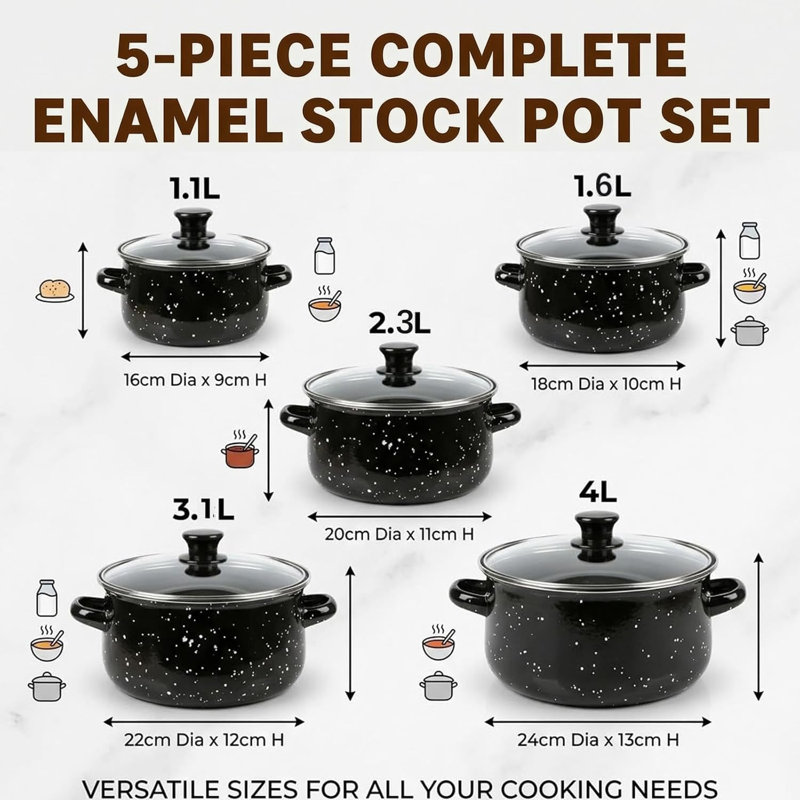 Enamel Pots Set , Induction Cookware with Lids & Dual Handles (5 Saucepans, 5 Lids)