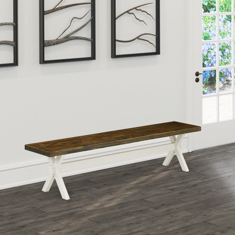 Banc de salle à manger moderne X-Style avec siège en bois, finition blanc lin (blanc cassé)., H 18 po x l 15 po x P 72 po