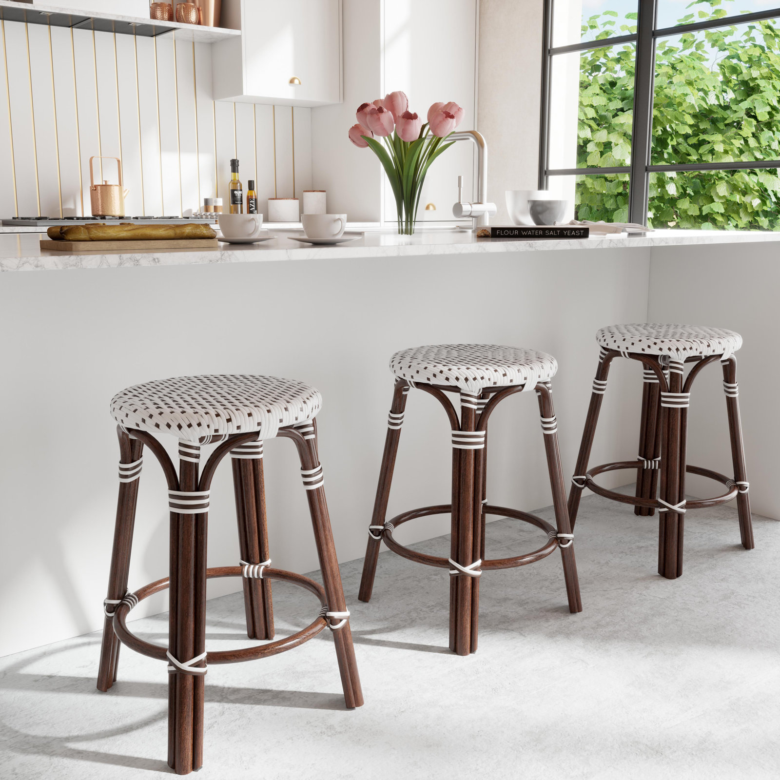 Alastair Bar & Counter Stool, Counter Stool (24" Seat Height), White/Brown Dot/Dark Brown Rattan Frame