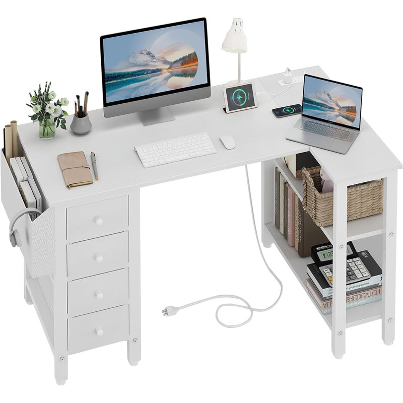 Built-in Outlets L-Shaped Computer Desk with Drawers & Storage Shelves, 29.5" H x 47.2" W x 26.8" D, White