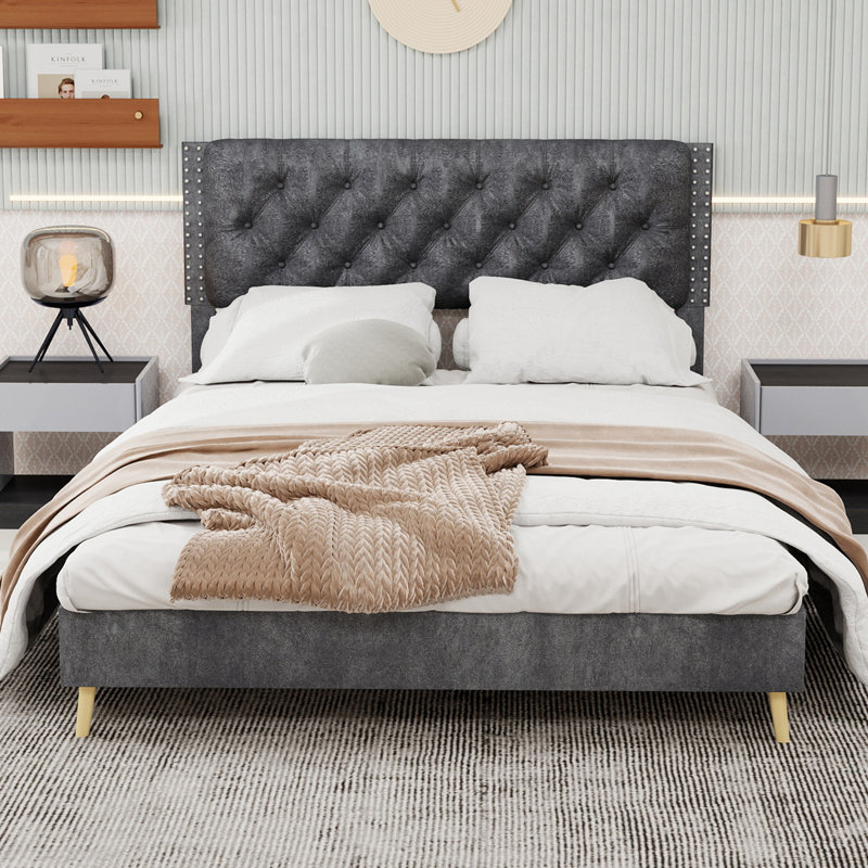 Lit tapissier en velours, Grand lit, Gris