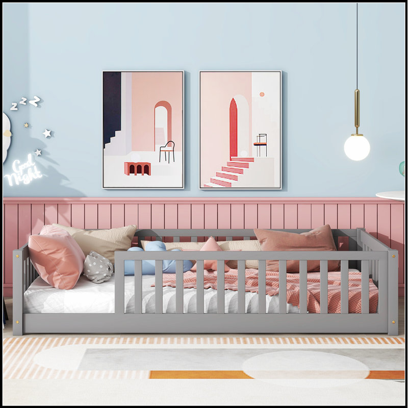 Lit plateforme robuste en pin et en bois d'ingénierie avec clôture de protection, parfait pour les petits espaces et les chambres confortables