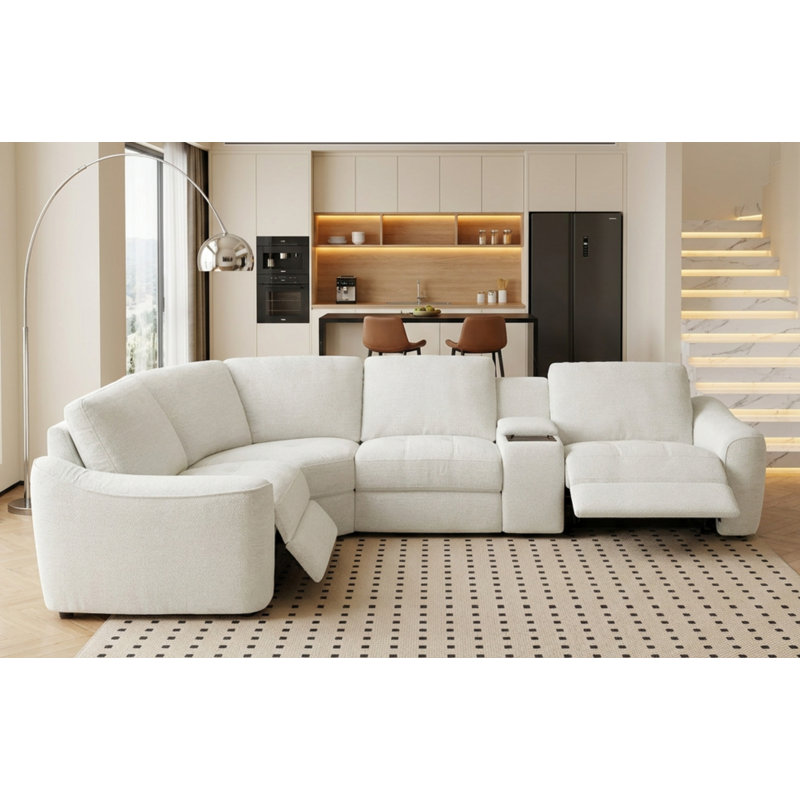 Canapé modulaire inclinable électrique luxueux 5 pièces avec rangement caché et recharge sans fil, Mélange de polyester blanc