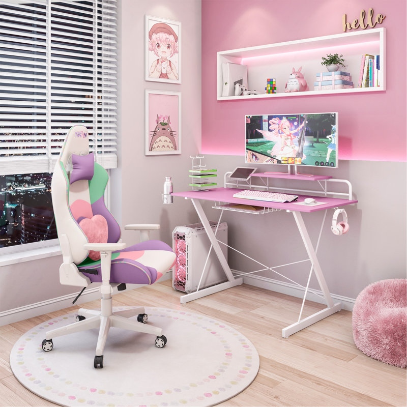 Techni Sport TS-200 Carbon Computer Gaming Desk With Shelving, Pink, Pink/White