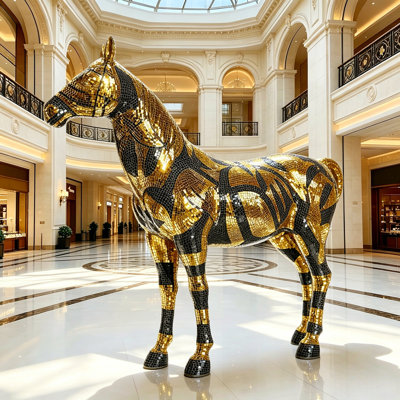 Handmand Lifesized Horse Statue With Gold And Black Mirrored Diamond Exterior , Home Decor