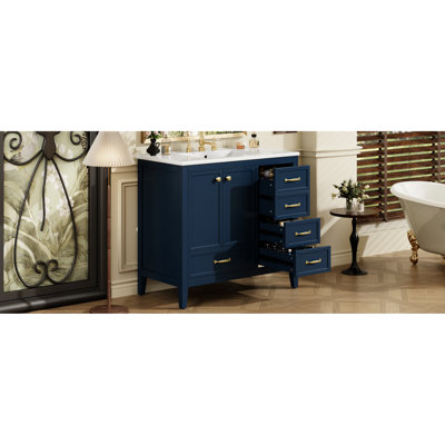 Meuble-lavabo bleu de 36 po avec lavabo en céramique lisse, structure en bois de pin massif, armoire de rangement, quatre tiroirs, pour l'entretien, un ensemble de 36 po avec cadre et pieds en tache, système de tiroir, facile