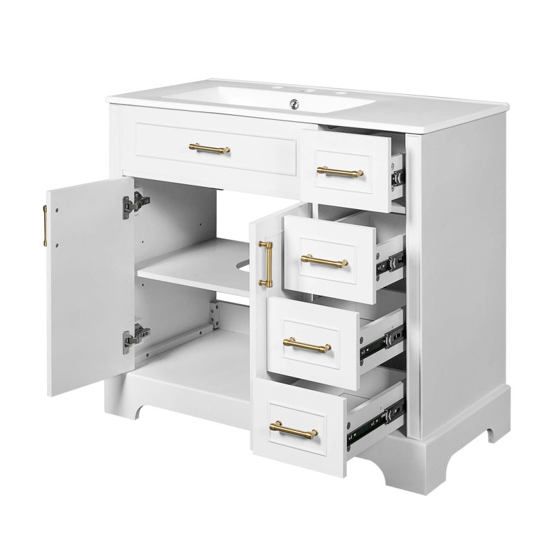 Meuble-lavabo de luxe 36 po avec lavabo en céramique, portes à fermeture douce, 4 tiroirs à fermeture douce et durable, 1 tablette réglable, structure moderne en bois massif