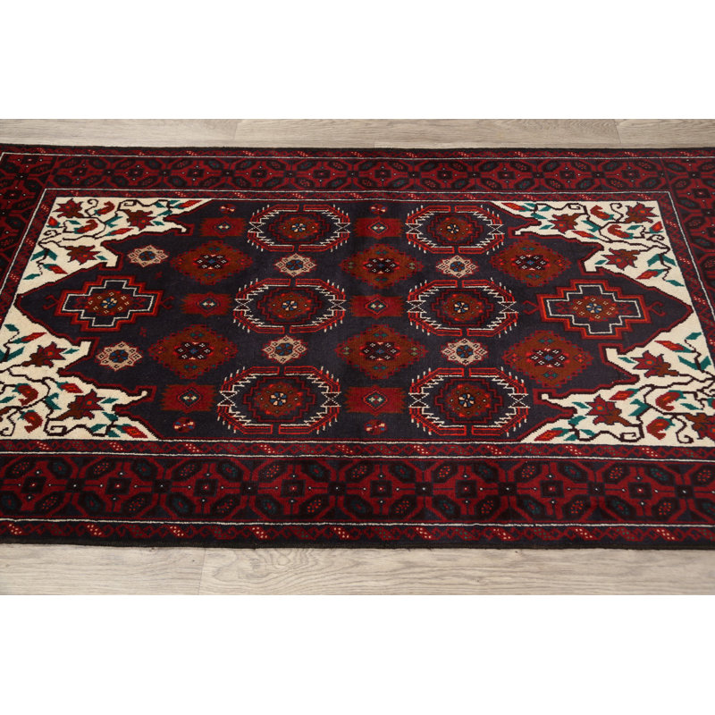 Tapis décoratif en laine de conception unique noué à la main rouge/bleu marine/beige 3 pi 4 po x 6 pi 3 po Balouch