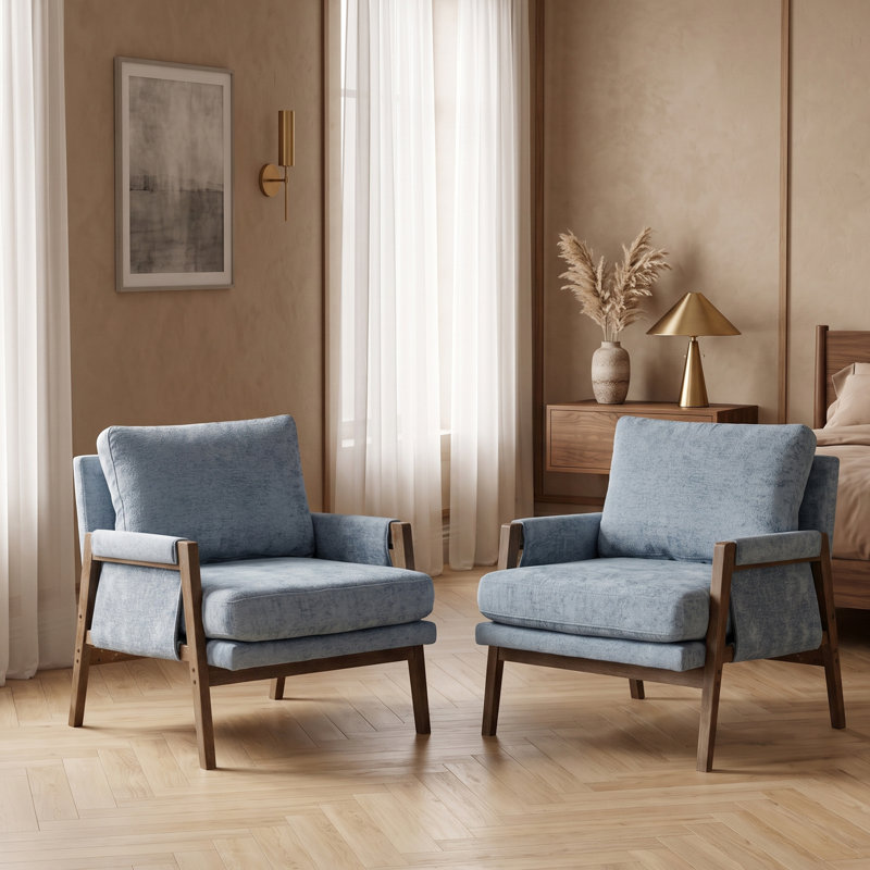 Ensemble de 2 chaises avec accoudoirs en chenille 30 po Mid-Century, Chenille bleu